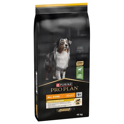 Purina Pro Plan Adult All Sizes, Light/Sterilised, 1+, με αρνί, υψηλή περιεκτικότητα σε πρωτεΐνη, 14 kg. Χωρίς πρόσθετες χρωστικές.
