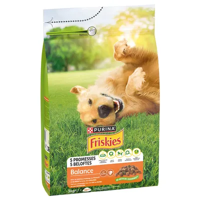 Purina Friskies Balance kuivaruoka koirille, 5 kg. Sisältää kanaa, naudanlihaa ja vihanneksia. Ei keinotekoisia väriaineita.