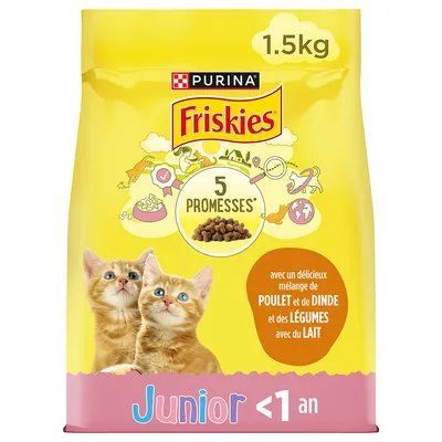 Purina Friskies Junior cat food, 1.5kg. Mix of chicken, turkey, vegetables and milk. Suitable for cats under 1 year. Contains '5 Promesses'. Purina Friskies Junior cat food, 1.5kg. Mix of chicken, turkey, vegetables and milk. Suitable for cats under 1 year. Contains '5 Promesses'.
