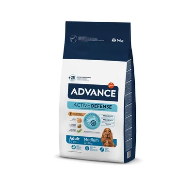 Advance Active Defense krmivo pro dospělé psy středních plemen, 1–7 let, 10–30 kg, s kuřecím, 14 kg. Obsahuje prebiotika, probiotika a vlákninu.