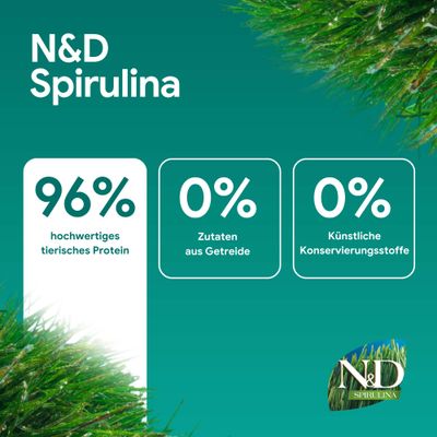 N&D Spirulina: 96% hochwertiges tierisches Protein, 0% Zutaten aus Getreide, 0% künstliche Konservierungsstoffe.