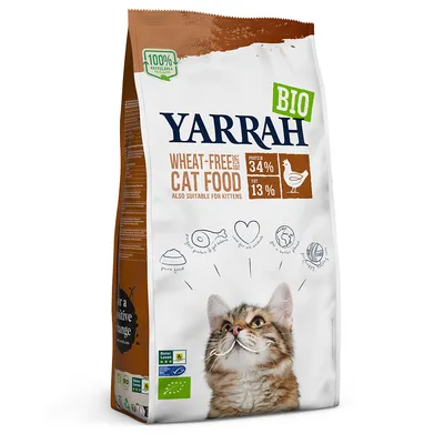 Yarrah BIO Wheat-Free Cat Food, proteiini 34 %, rasva 13 %, myös pennuille. 100 % kierrätettävä pakkaus, luomumerkki, Beter Leven -merkki, kanan kuva.