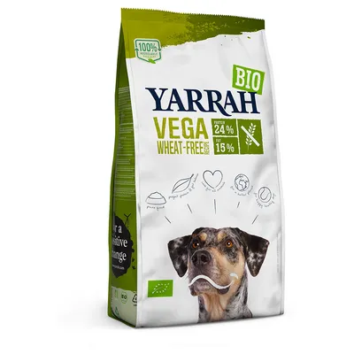 Yarrah Bio Vega Wheat-Free koiranruokapakkaus, proteiini 24 %, rasva 15 %, vehnätön, 100 % kierrätettävä, EU-luomumerkki näkyvissä.