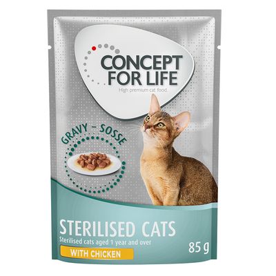 Concept for Life Sterilised Cats. Unterstützung der Harnwege, Kontrolle des Körpergewichts, Muskelerhalt, ausgewogene Nährstoffbalance, ohne Soja. Für kastrierte Katzen ab dem 1. Lebensjahr.