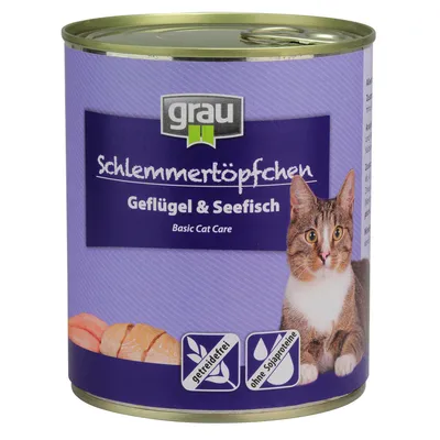 grau Schlemmer­töpfchen Geflügel & Seefisch Basic Cat Care -kissanruokapurkki, etiketissä kissan kuva, tekstit: getreidefrei, ohne Sojaproteine