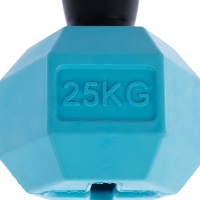 Manubrio turchese con la scritta '25KG', adatto per fitness o allenamento.