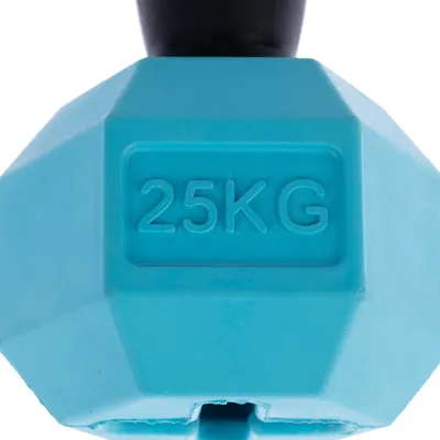Tyrkysová činka s nápisem '25KG', vhodná pro fitness nebo tréninkové účely.