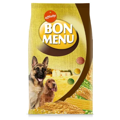 Affinity Bon Menu kutyatáp, csomagolás képekkel egy német juhászkutyáról és egy cocker spánielről, valamint gabonával, kukoricával és borsóval.