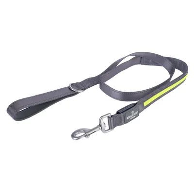 Nomad Tales Hundeleine aus grauem Stoff mit gelbem Streifen, Metallkarabiner und Griffschlaufe.