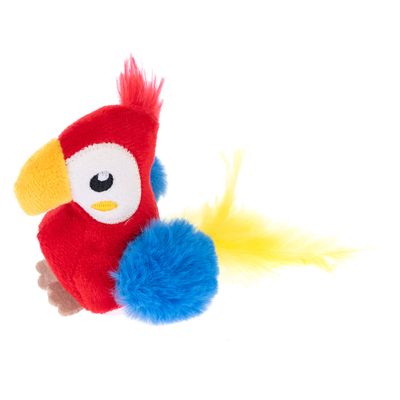 Pluszowa zabawka w kształcie papugi z czerwonym tułowiem, żółtym dziobem, niebieskimi skrzydłami i żółtym pióropuszem ogonowym.