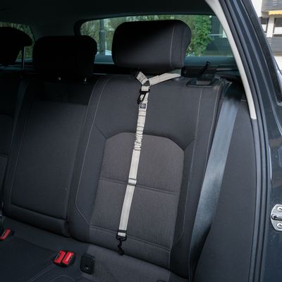 Béžový bezpečnostný pás pre domáce zvieratá, pripevnený k opierke hlavy autosedačky s karabínou.