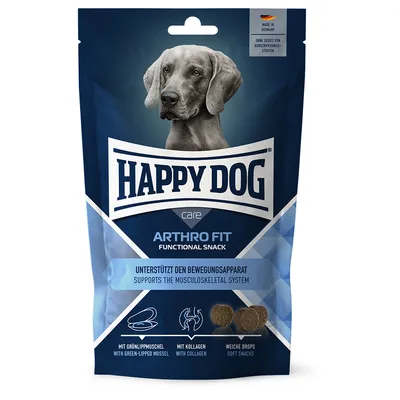 Opakowanie Happy Dog Arthro Fit Functional Snack, widoczny pies, napisy: „unterstützt den Bewegungsapparat”, „mit Grünlippmuschel”, „mit Kollagen”, „weiche Drops”.