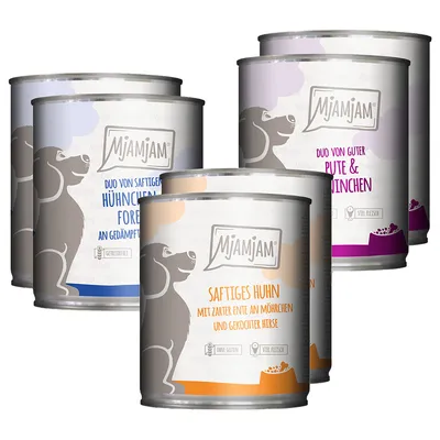 MjAMjAM wet food cans: juicy chicken with duck and carrots, duo of juicy chicken & trout, duo of turkey & rabbit. Gluten-free, high meat content.