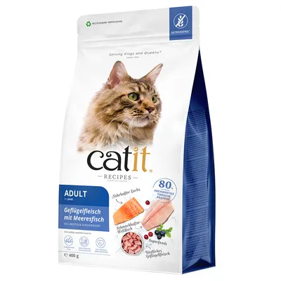 Catit Recipes Adult, carne de ave con pescado marino, completo y equilibrado, 80% de proteínas animales de alta calidad, ingredientes naturales, envase reciclable, 400g.