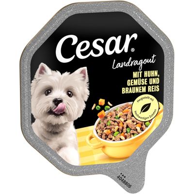 Cesar klassik-terrine, confezione da 28 vaschette da 150 g. Testo visibile: mit zartem Huhn und Truthahn, au poulet tendre et à la dinde. Immagine di terrina e cane bianco.
