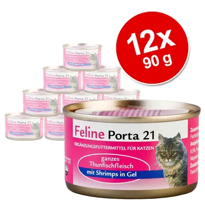 Zestaw 12 puszek Feline Porta 21, każda 90 g. Na etykiecie: całe mięso z tuńczyka z krewetkami w galarecie, karma uzupełniająca dla kotów. Widoczny wizerunek kota.