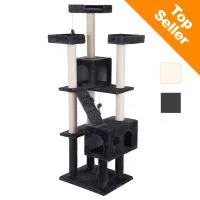 Tiragraffi a più livelli con colonne in tessuto chiaro e piattaforme nere, due casette, rampe e giochi pendenti. Etichetta arancione: Top Seller. Opzioni colore: beige, nero.
