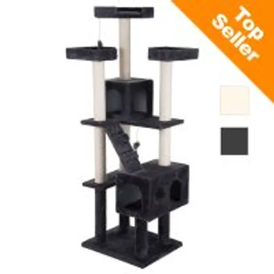 Tiragraffi a più livelli con colonne in tessuto chiaro e piattaforme nere, due casette, rampe e giochi pendenti. Etichetta arancione: Top Seller. Opzioni colore: beige, nero. Tiragraffi a più livelli con colonne in tessuto chiaro e piattaforme nere, due casette, rampe e giochi pendenti. Etichetta arancione: Top Seller. Opzioni colore: beige, nero.