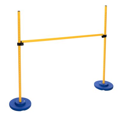 Gult hinder-set med höjdjusterbar stång och blå fötter, lämpligt för träning.