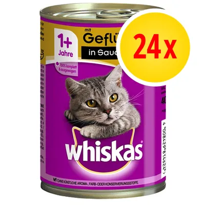 Whiskas kissanruoka, 1+ vuotta, Geflügel in Sauce, 24x. Purkin etiketissä harmaa kissa ja teksti: 100 % komplett & ausgewogen. Saksankielinen tuoteseloste näkyvissä. Whiskas kissanruoka, 1+ vuotta, Geflügel in Sauce, 24x. Purkin etiketissä harmaa kissa ja teksti: 100 % komplett & ausgewogen. Saksankielinen tuoteseloste näkyvissä.