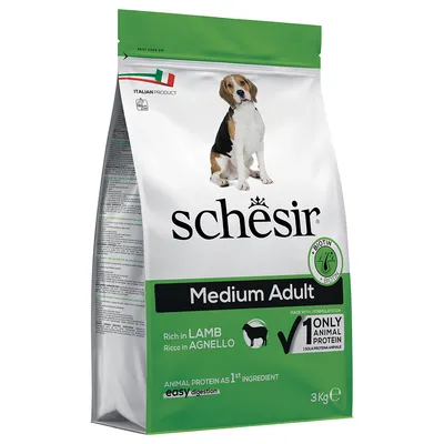 Schesir Medium Adult Hundefutter mit Lamm, Biotin, leicht verdaulich, tierisches Protein als Hauptzutat, 3kg Packung. Italienisches Produkt.