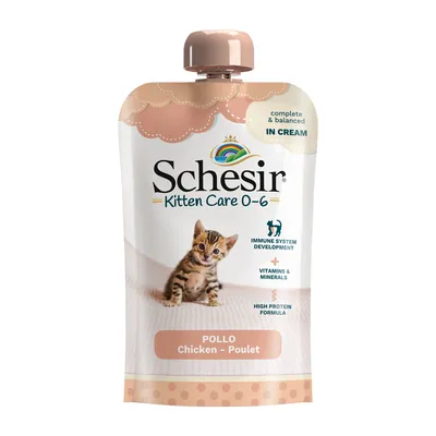 Schesir Kitten Care 0-6, пиле, за развитие на имунната система, витамини и минерали, високо протеинова формула, пълноценен и балансиран крем.
