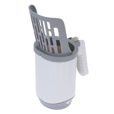 Grijze en witte container met ventilatierooster en clip voor bevestiging, geschikt voor diverse toepassingen.