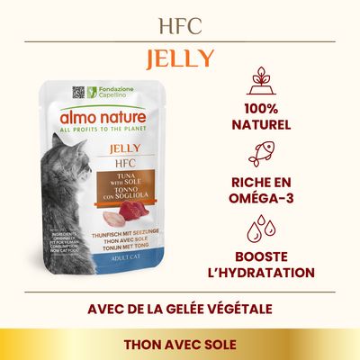 almo nature HFC Jelly thon avec sole pour chat adulte, 100 % naturel, riche en oméga-3, booste l’hydratation, avec de la gelée végétale. Texte en anglais et italien visible.