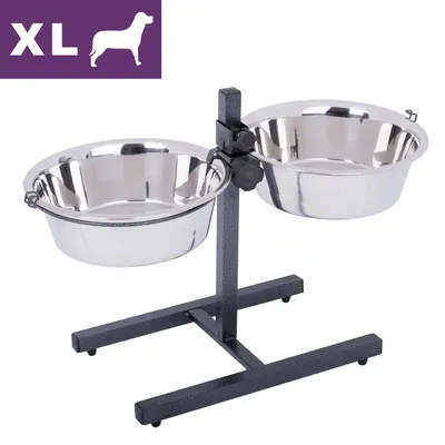 To skåle i rustfrit stål på justerbart stativ, mærket XL med hundesilhuet. Begge skåle er runde og placeret side om side.