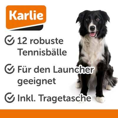 Grauer Ballwerfer mit ergonomischem Griff und gelbem Tennisball mit Aufschrift 'Karlie 38:15'.