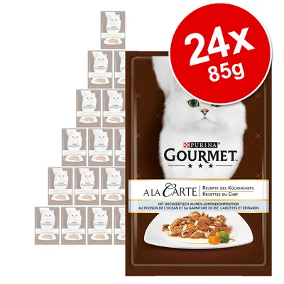 Purina Gourmet A la Carte cat food, 24 x 85g pouches. Front pouch shows white cat and dish of food. Large red circle with '24x 85g' text visible. Purina Gourmet A la Carte cat food, 24 x 85g pouches. Front pouch shows white cat and dish of food. Large red circle with '24x 85g' text visible.