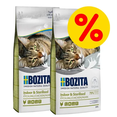 Två påsar Bozita Indoor & Sterilised kyckling torrfoder för katt, 10 kg, med stor gul rabatt-symbol (%) uppe till höger. Text: 79 % animaliskt protein. Två påsar Bozita Indoor & Sterilised kyckling torrfoder för katt, 10 kg, med stor gul rabatt-symbol (%) uppe till höger. Text: 79 % animaliskt protein.