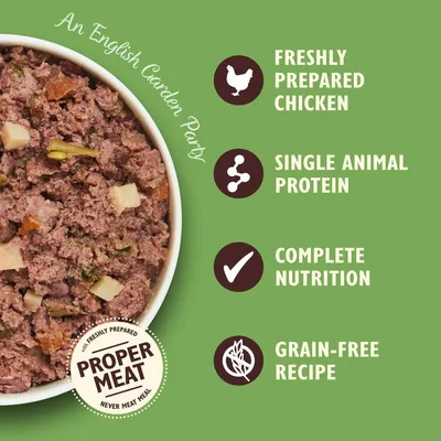 Freshly prepared chicken, single animal protein, complete nutrition, grain-free recipe. Proper Meat, never meat meal. An English Garden Party.