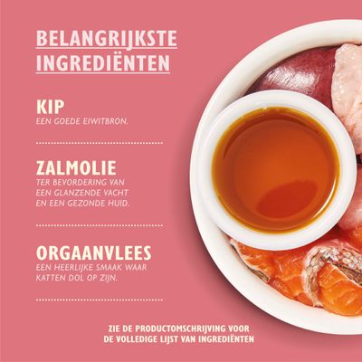 Belangrijkste ingrediënten: kip, zalmolie, orgaanvlees. Zie de productomschrijving voor de volledige lijst van ingrediënten.
