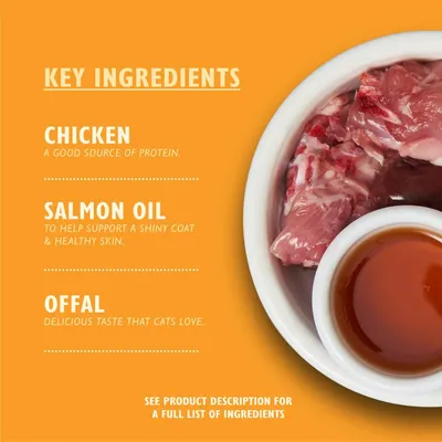 Key ingredients: chicken as a good source of protein, salmon oil to support a shiny coat and healthy skin, offal for taste. See product description for full ingredient list.