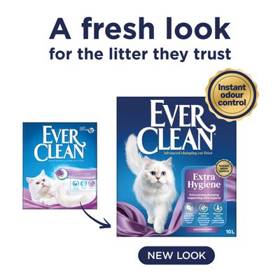 Ever Clean Extra Hygiene котешка тоалетна с аромат на лавандула, нов дизайн на опаковката, 10 L, незабавен контрол на миризмите, силно образуване на бучки, подпомага здравето на котката.