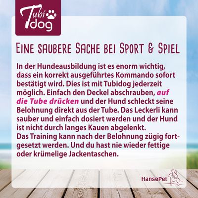Tubidog. Anleitung zur Hundebelohnung: Deckel abschrauben, auf die Tube drücken, Hund schleckt direkt aus der Tube. Saubere und einfache Dosierung für Training ohne Ablenkung.