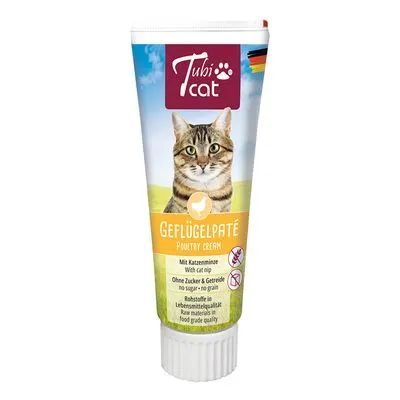 Tubi Cat Geflügelpaté Poultry Cream in tube, afbeelding van kat op verpakking. Tekst: met kattenkruid, zonder suiker & granen, grondstoffen in levensmiddelenkwaliteit.