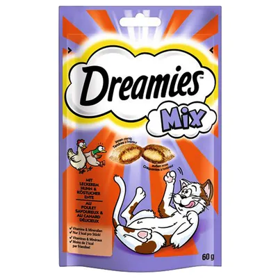 Dreamies Mix s kuřetem a kachnou, křupavé zvenku, krémové uvnitř. S vitaminy a minerály, pouze 2 kcal na kus. Balení 60 g.