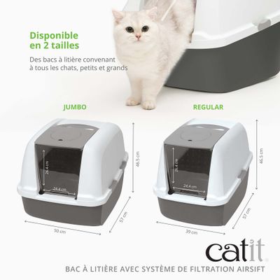 Toilette pour chat Catit avec filtre Airsift, disponible en deux tailles : Jumbo 57 x 50 x 46,5 cm et Regular 57 x 39 x 46,5 cm. Les deux modèles possèdent une ouverture de porte de 24,4 x 26,4 cm.