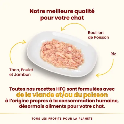 Assiette de nourriture pour chat avec thon, poulet, jambon, bouillon de poisson et riz. Texte : recettes HFC formulées avec viande et/ou poisson propres à la consommation humaine.