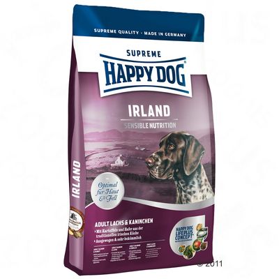 Happy Dog Supreme Irland Sensible Nutrition tørfoder til hund, Adult Lachs & Kaninchen. Tekst: Optimal für Haut & Fell, Happy Dog Life Plus Concept. Billede af hund og ingredienser.