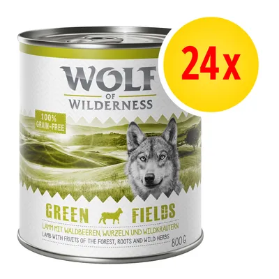 Wolf of Wilderness Green Fields, 100% grain-free, 24x800 g. Lamm mit Waldbeeren, Wurzeln und Wildkräutern. Lamb with fruits of the forest, roots and wild herbs.