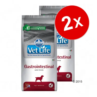 Lot de 2 sacs Farmina Vet Life Gastrointestinal canine formula, texte visible : ingrédients naturels, antioxydants naturels, 12 kg, drapeau italien.