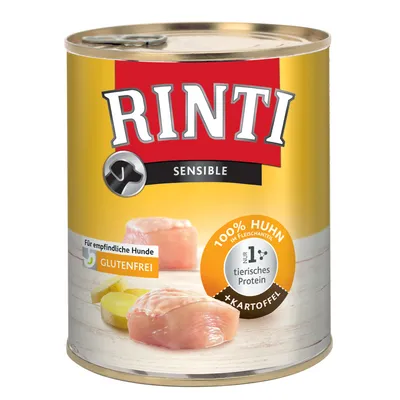 Rinti Sensible hondenvoer, glutenvrij, voor gevoelige honden. 100% kip in het vleesgehalte, slechts 1% dierlijk eiwit, met aardappel.