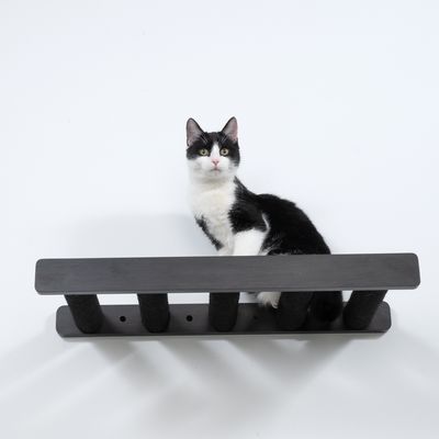 Čierno-biela mačka sedí na čiernom nástennom držiaku s viacerými vertikálnymi podperami. Viditeľný produkt na montáž na stenu.