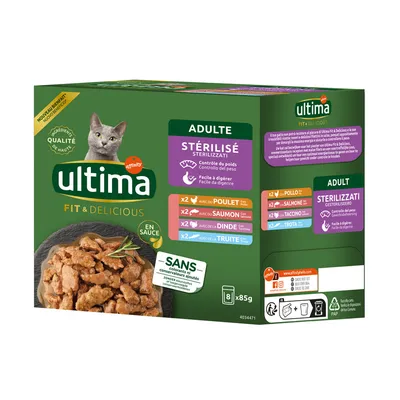 Ultima Fit & Delicious per gatti sterilizzati, 8x85g. Gusti: pollo, salmone, tacchino, trota. Senza coloranti né conservanti. Facile da digerire, controllo del peso.