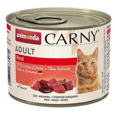 Boîte de pâtée pour chat animonda Carny Adult Rind, 100 % frische Zutaten, Ohne Getreide, Made in Germany, avec morceaux de bœuf et photo d’un chat roux sur l’étiquette.