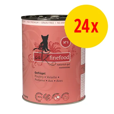catz finefood N°3 Geflügel, 24x. Tekst: naturlig gut mmmmiaau, Poultry • Volaille • Pollame • Ave • Aves, >95 %, uden tilsat sukker, ingen dyreforsøg, grain free, no animal testing.