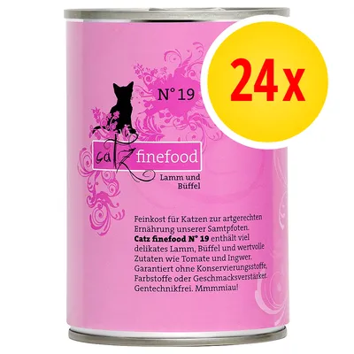 Catz finefood N°19 Lamm und Büffel kissanmärkäruoka, 24x. Saksankielinen teksti: sisältää lammasta, biisonia, tomaattia ja inkivääriä, ei säilöntä- tai väriaineita, geenimuuntelematon.